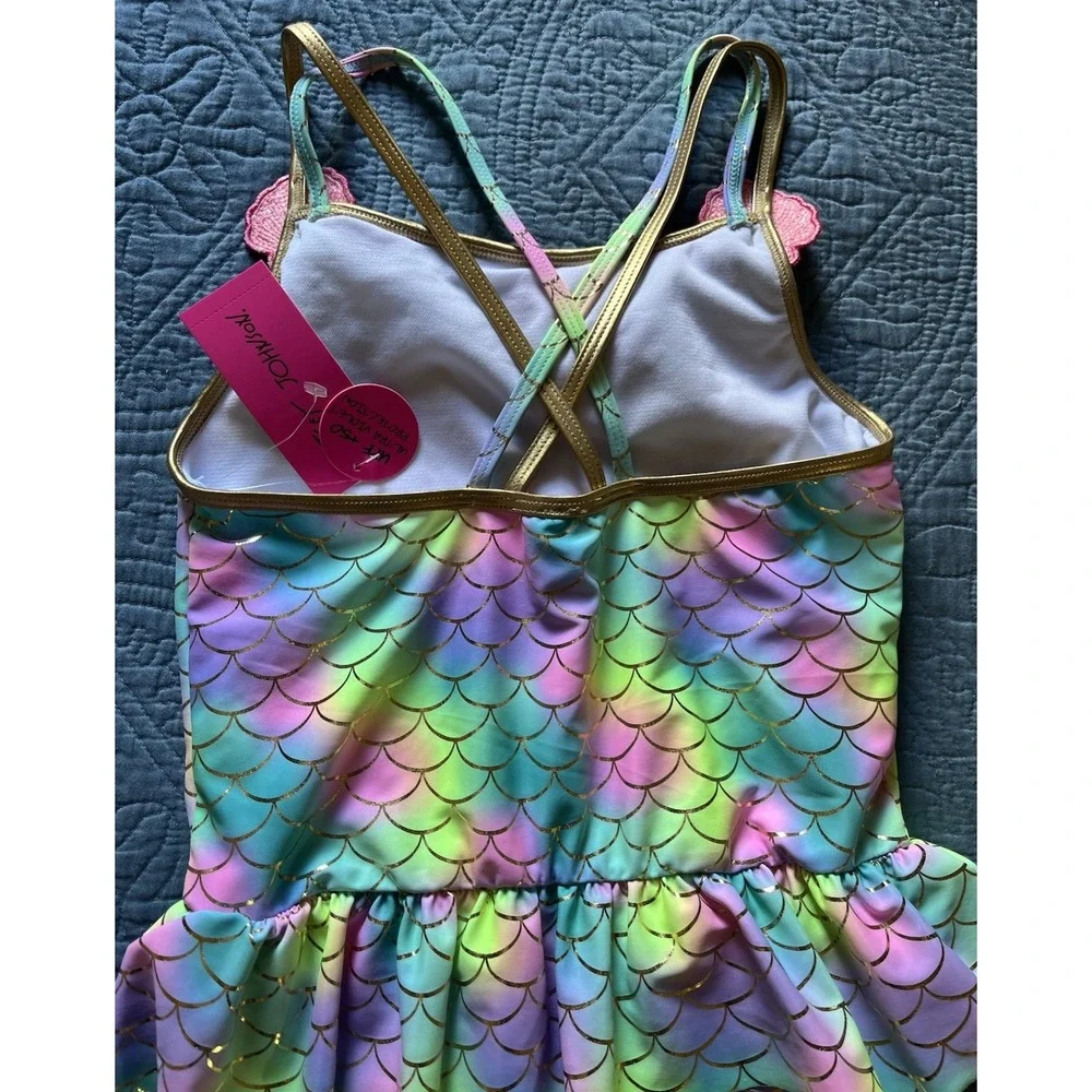 Betsey‎ Johnson Swimsuit Girls Sz 10 Mermaid Rainbow Ruffles Seashells One Piece